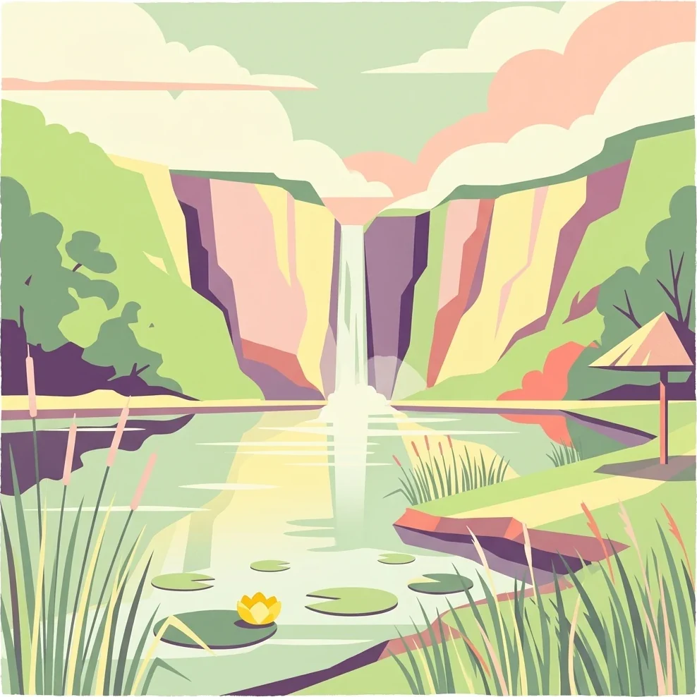 Colorful illustration of a waterfall surrounded by greenery, lily pads on a calm lake, and a small shelter on the right