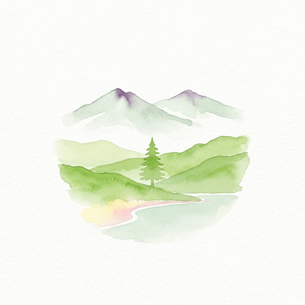 Watercolor illustration showing three mountain peaks, a single pine tree in the midground, and a winding lake with a sandy shore, all rendered in soft green and purple hues