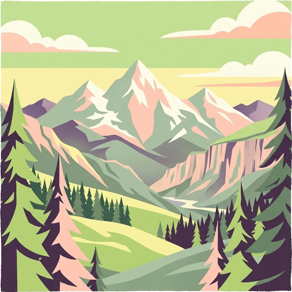 Ilustración de una cordillera con picos nevados, valles verdes y pinos bajo un cielo nublado