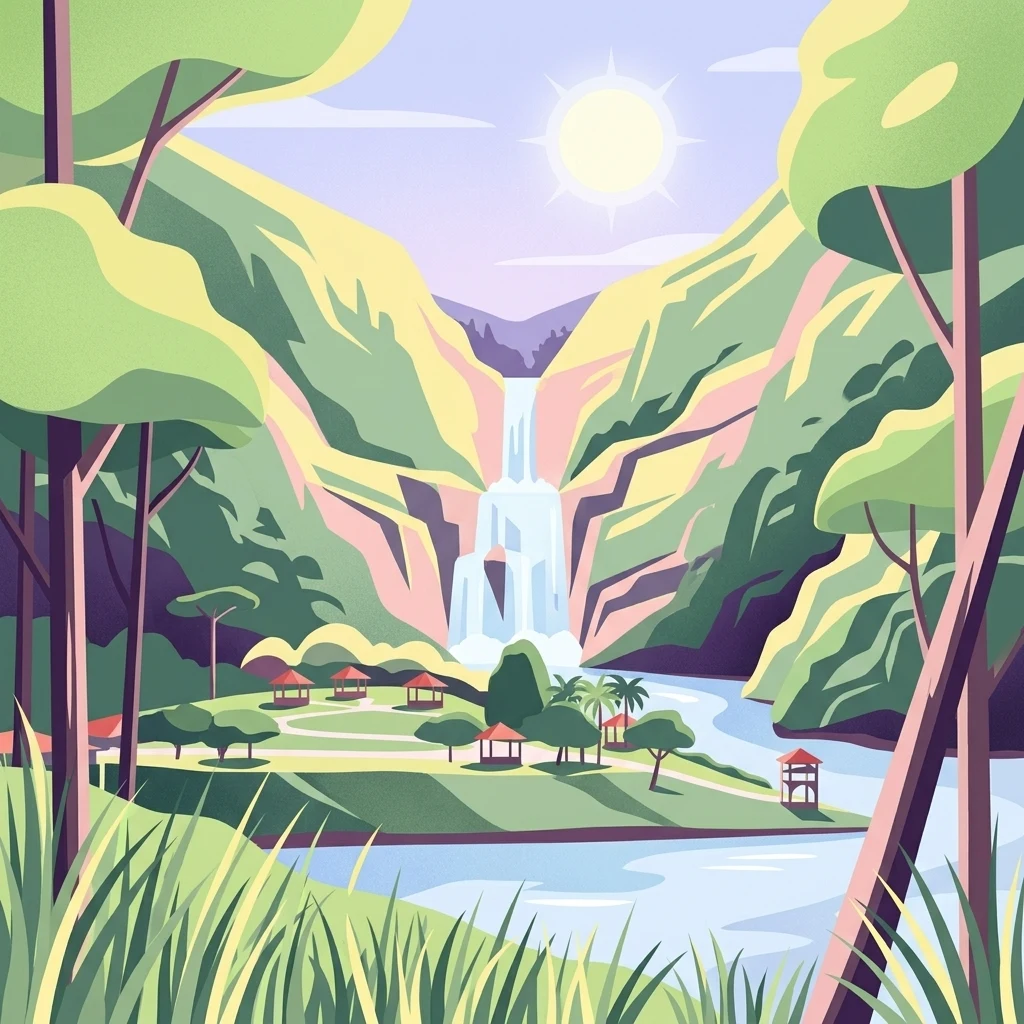 A stylized digital illustration of a cascading waterfall flowing into a lake, surrounded by green mountains, forest trees, and several small picnic pavilions in the foreground.