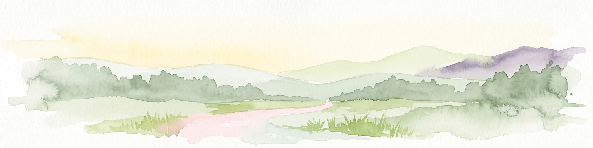 Acuarela de un paisaje montañoso y verde, con montañas onduladas al fondo y vegetación en primer plano.