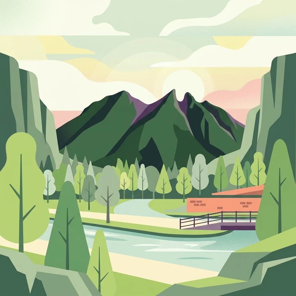 A flat-design, vector-style illustration of a dramatic mountain range with a distinct saddle-like peak, set behind a tranquil park scene with trees, a small bridge, and a river flowing through the foreground.