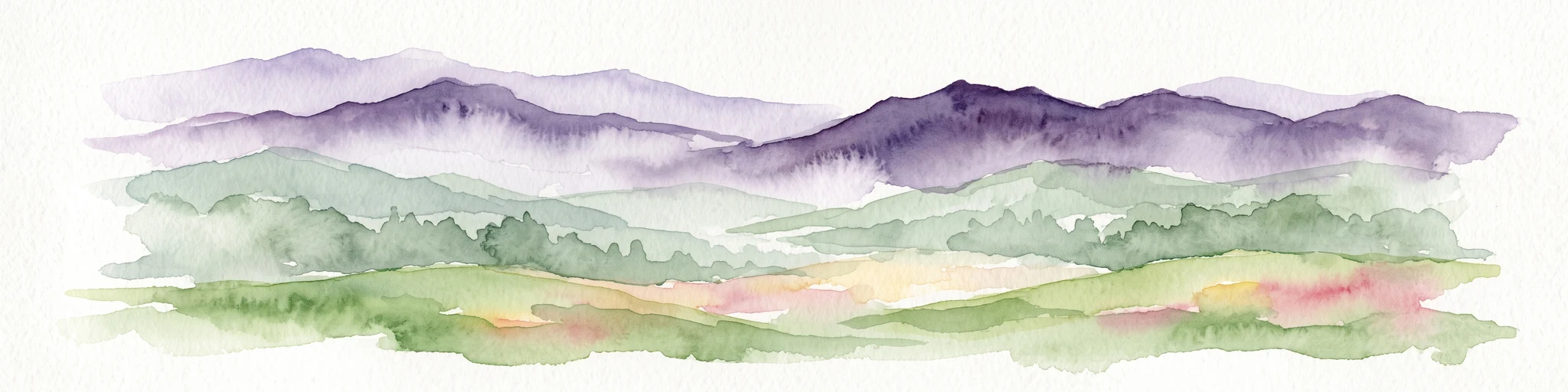 Watercolor illustration of layered mountain ranges with purple peaks fading into a green and yellow foreground.