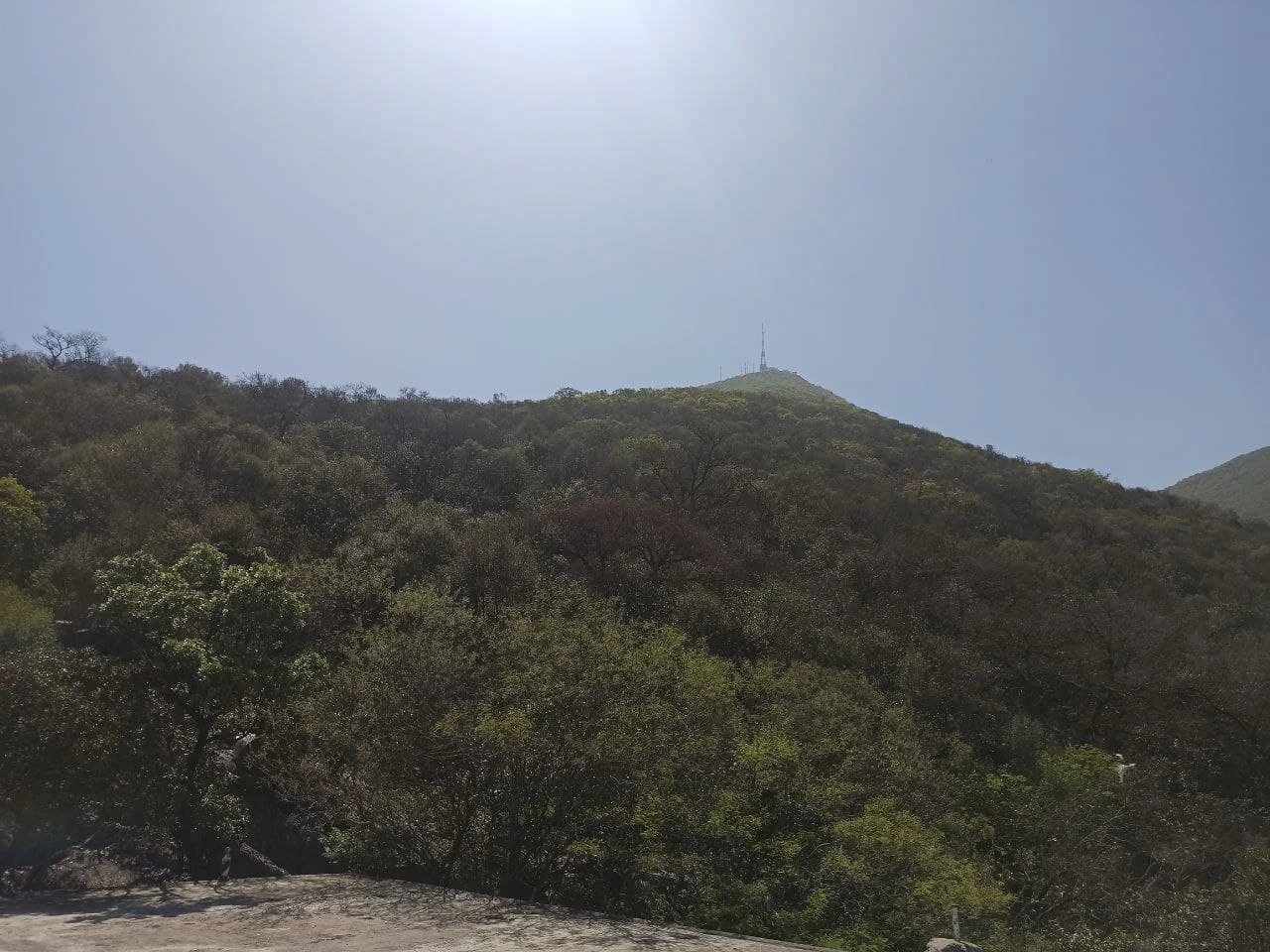 A wide angle shot of a green mountain slope under a clear sky with a communications tower at the peak.