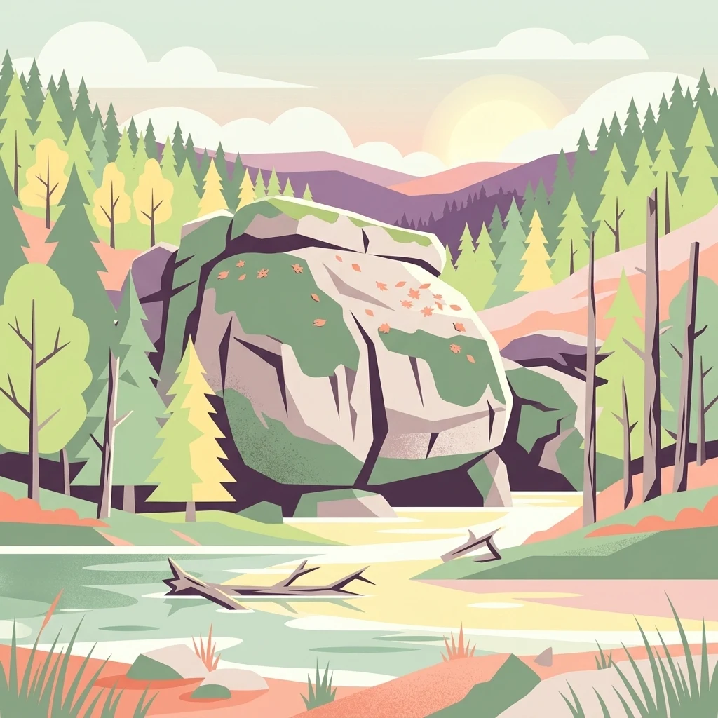 A flat-style vector illustration depicting a peaceful forest scene with a central boulder, evergreen trees, and a small stream in the foreground.
