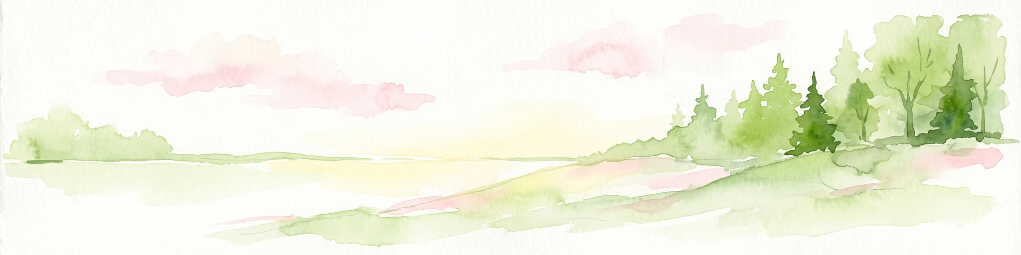 Watercolor painting of a light-filled landscape featuring soft green trees and pale pinkish clouds against a white background.