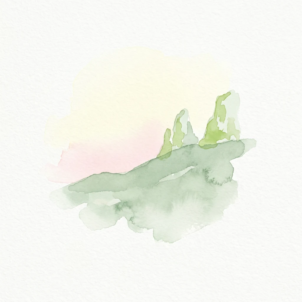 Watercolor illustration of green hills under a soft pink and yellow sky