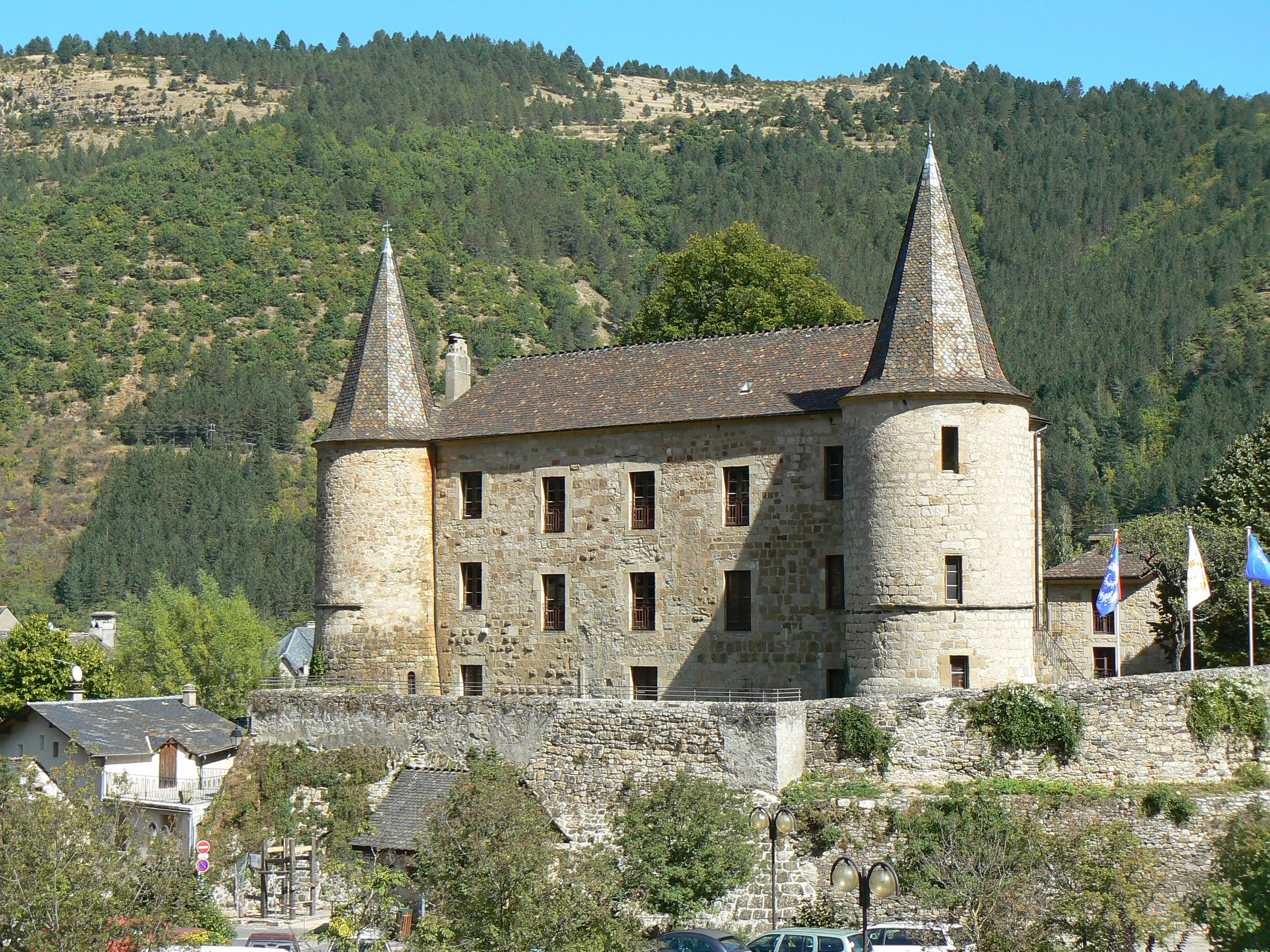 Stone castle with two conical towers and a stone wall, surrounded by trees and hills