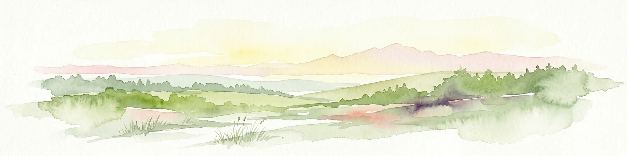 Ilustración acuarela de campos verdes, un río y montañas bajo un cielo suave de color rosa y amarillo