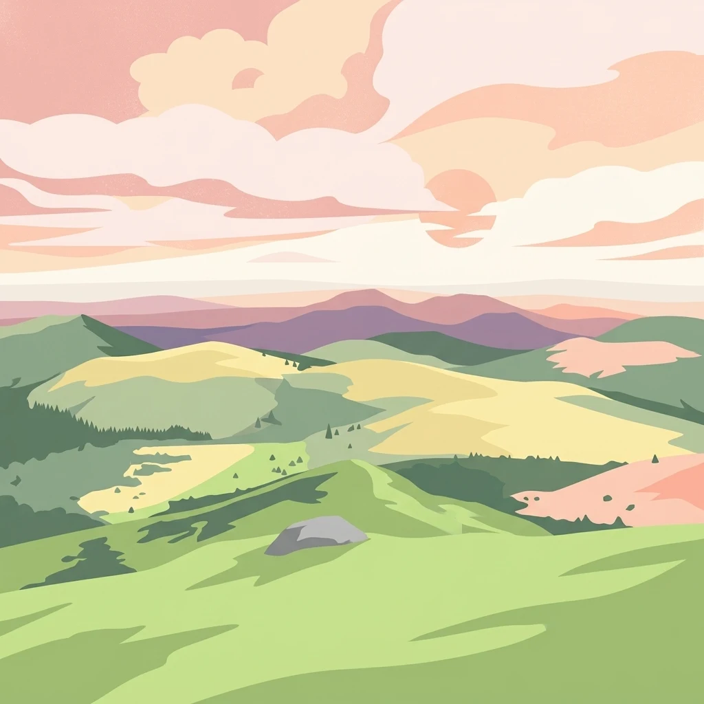 A stylized digital illustration of a landscape with rolling green hills, distant volcanic peaks, and a sunset sky with pink clouds.