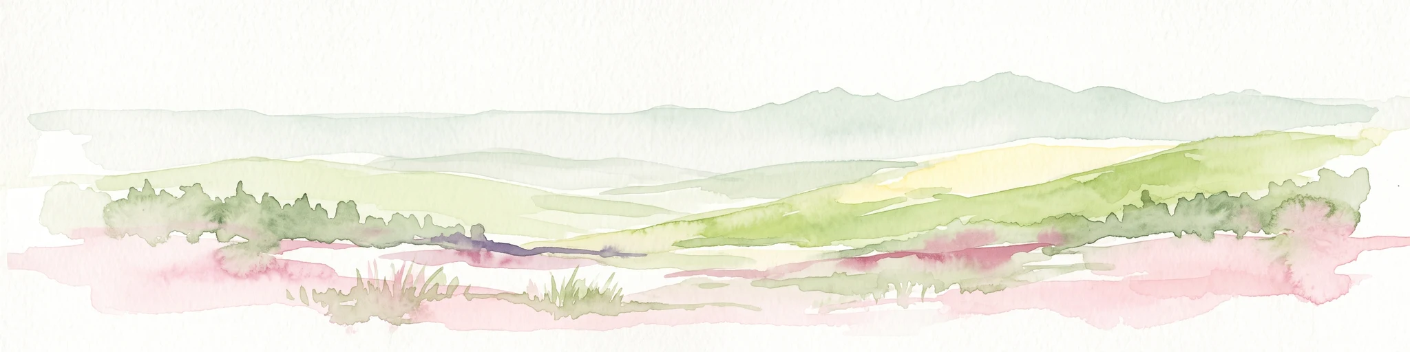 A soft watercolor painting of a wide, rolling landscape with green hills, pale mountain silhouettes in the background, and a faint reddish-brown foreground, presented on a white background.