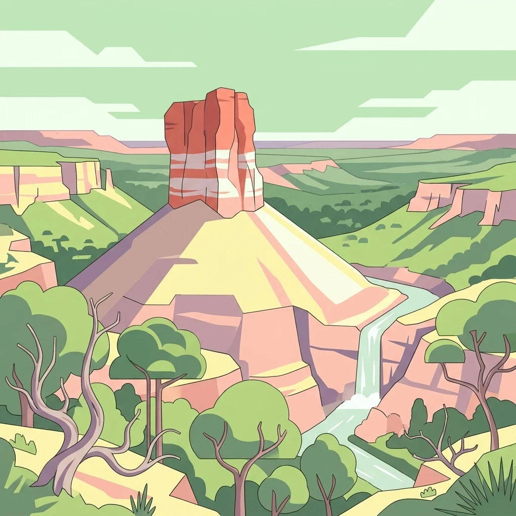 Una ilustración plana estilizada de un alto pilar de arenisca con bandas horizontales, rodeado de colinas verdes, árboles dispersos y una pequeña cascada que fluye hacia un arroyo.