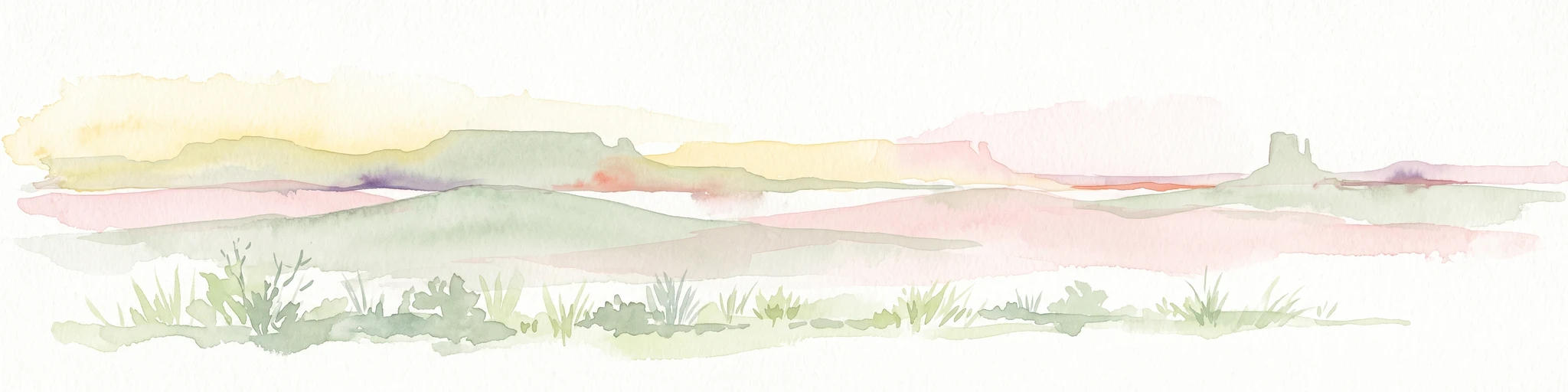 A soft watercolor painting of a desert landscape featuring rolling plains and a prominent, pillar-like rock formation on the horizon under a pale sky.