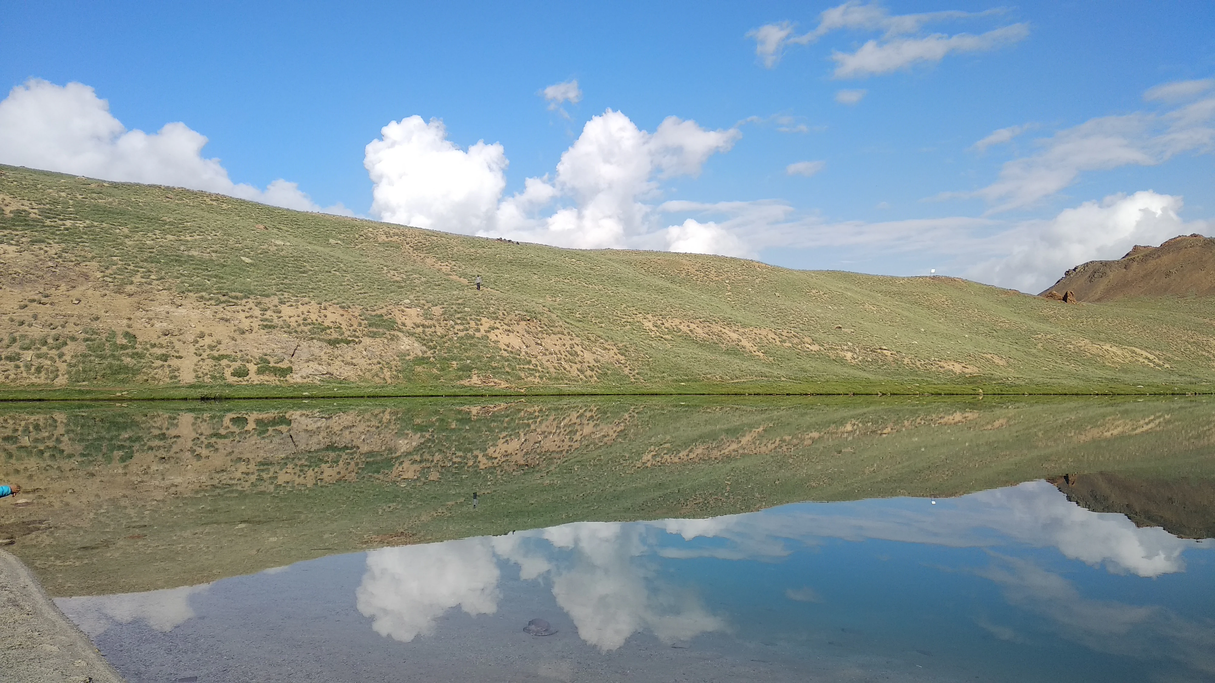 A wide view of the crescent shaped Chandra Taal lake reflecting the blue sky and white clouds, with arid, grassy hills sloping down to the water edge.