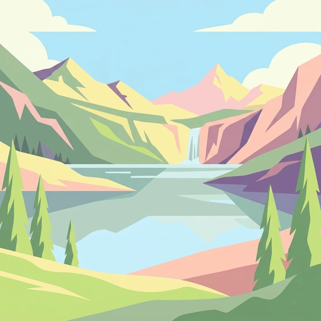 A minimalist flat illustration showing a calm lake reflecting rugged mountains under a clear blue sky, with a small waterfall flowing into the lake and coniferous trees in the foreground.