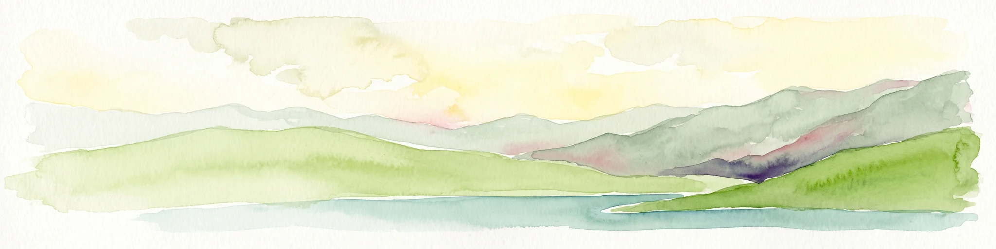 A watercolor painting showing soft green hills and blue mountains bordering a calm lake under a pale sky.