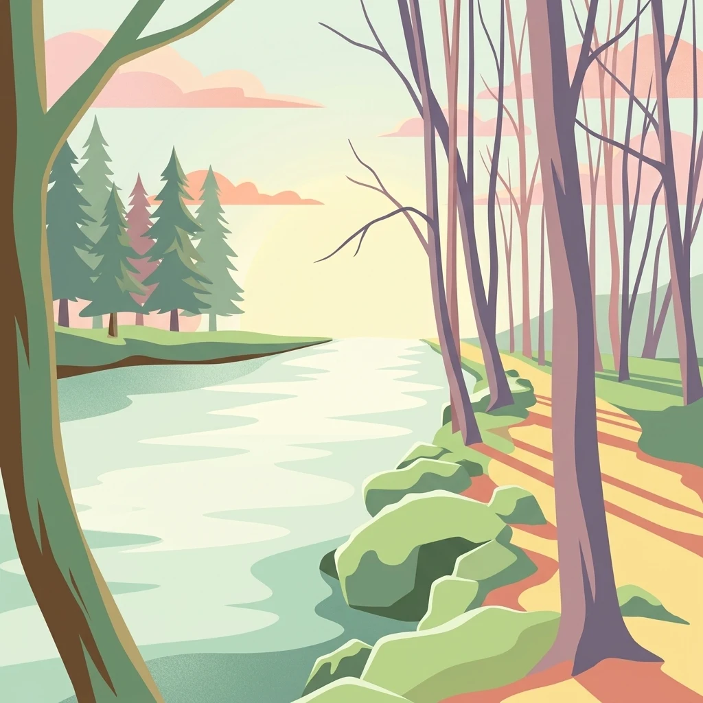 A stylized digital illustration showing a calm river flowing through a forest with a path along the bank leading toward a distant shoreline at sunset.