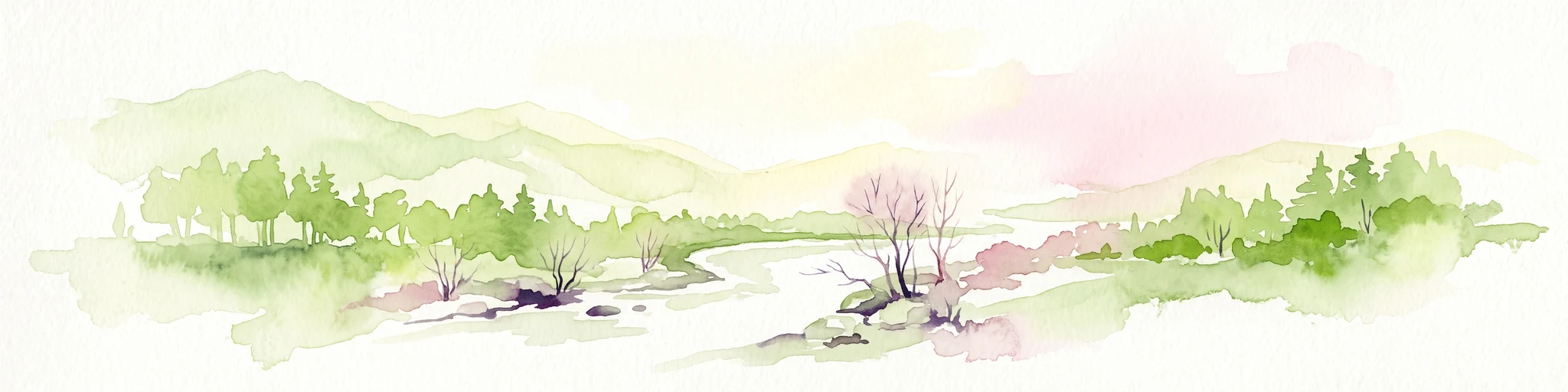 A soft, horizontal watercolor painting depicting a winding river flowing through a lush, green landscape with distant hills and sparse trees.