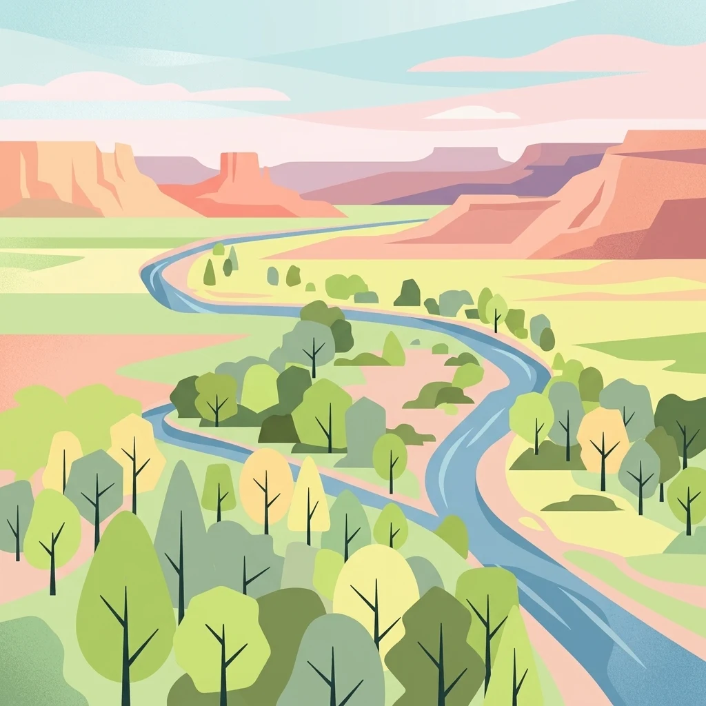 Una ilustración vectorial de estilo plano que muestra un río azul serpenteante que fluye a través de un valle rodeado de mesetas desérticas y árboles dispersos.