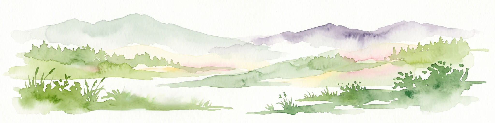 A horizontal watercolor illustration showing soft green grassy foregrounds, a midground of low vegetation, and distant purple and green mountain silhouettes on a white background.