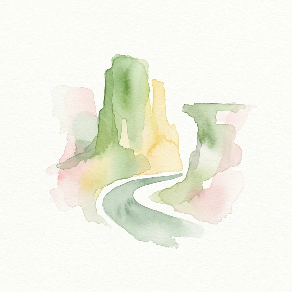 Watercolor depiction of green and yellow rock formations with a winding river on a light background