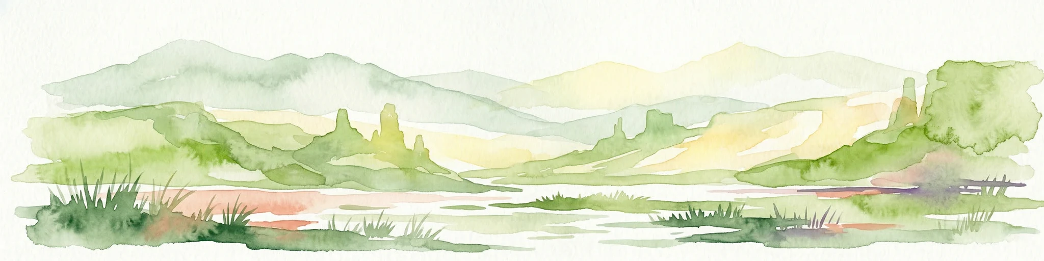 Pintura en acuarela de un paisaje fluvial con montañas verdes, hierba y un arroyo