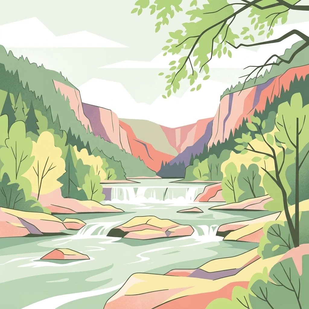 A stylized digital illustration depicting a river flowing through a rocky, forested canyon, featuring a small waterfall, overhanging tree branches in the foreground, and distant hills.