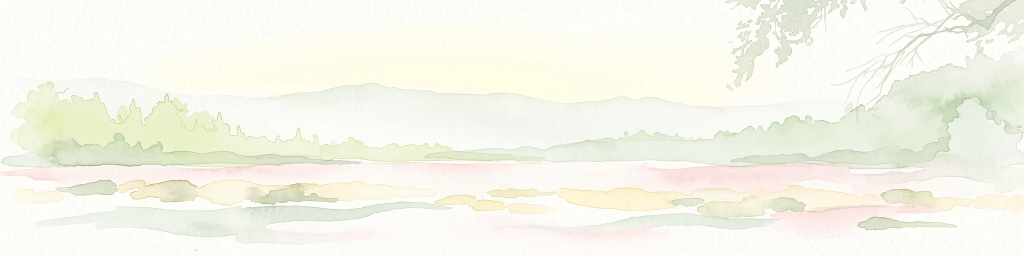 A pale, soft-focus watercolor painting showing a river with gentle banks and distant hills, with tree branches hanging in the top right corner.
