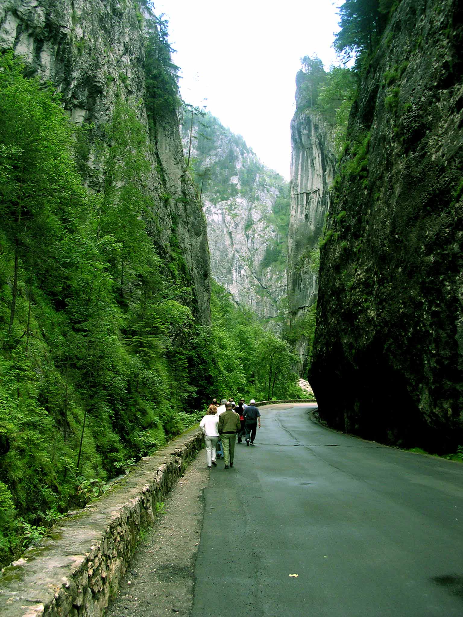 A paved road winding through a narrow gorge flanked by steep rocky cliffs covered in green vegetation with people walking along a stone wall