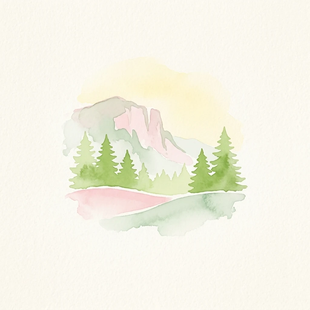 Watercolor illustration of green pine trees, a mountain range with pink and gray peaks, and a pinkish valley