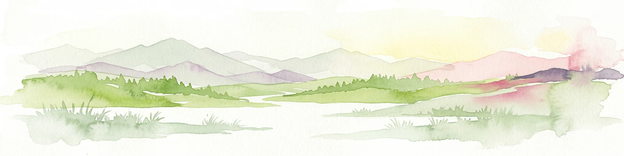 Pintura de acuarela de montañas, un lago y terreno verde