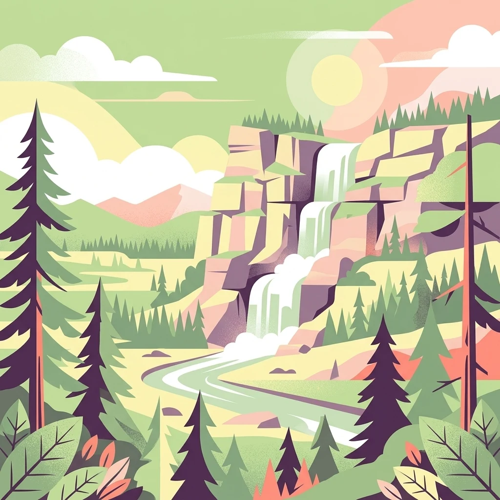 A digital illustration of a waterfall flowing down a rocky cliff into a river, surrounded by pine trees, with mountains in the background and a bright sun in the sky.