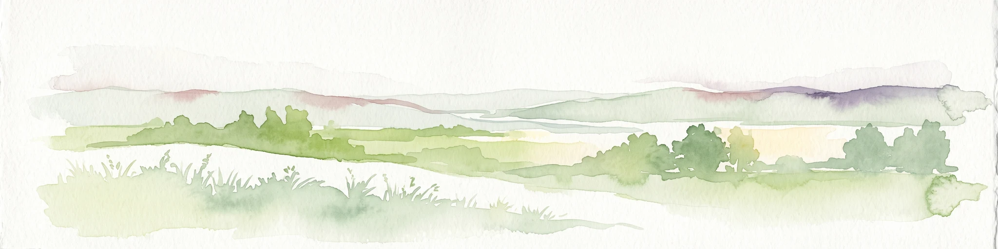 Watercolor painting of a wide, soft-focus river valley landscape with gentle hills, green vegetation, and a winding waterway.
