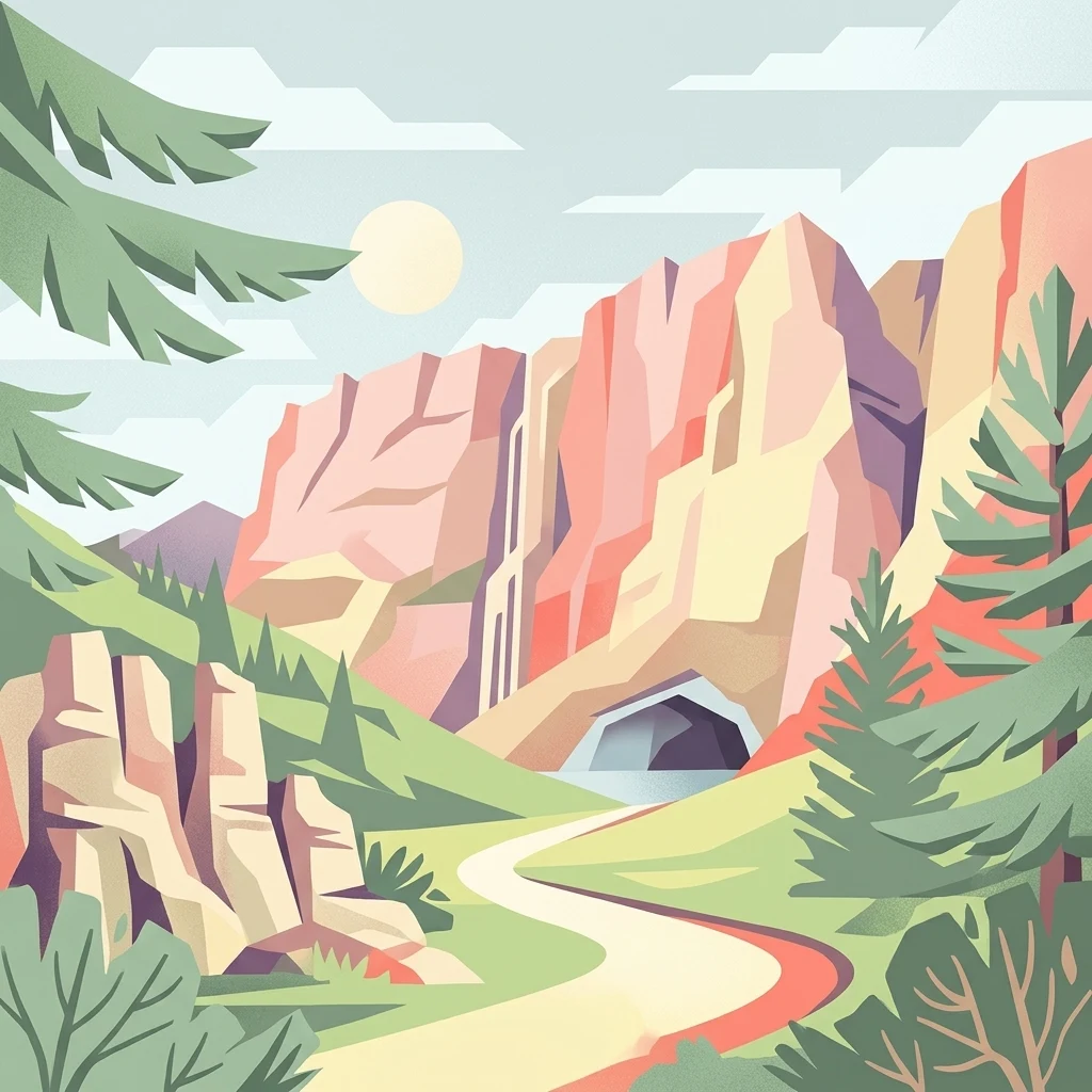 Una ilustración estilizada que muestra un sendero que conduce hacia la entrada de una cueva en la base de acantilados rocosos de tonos rosados, rodeados de pinos y colinas verdes bajo un sol brillante.