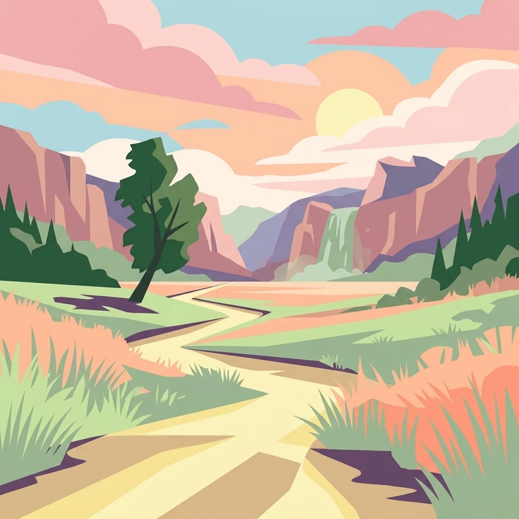 Una ilustración gráfica estilizada de un sendero de tierra sinuoso que conduce hacia una cadena montañosa con una cascada, rodeado de árboles, hierbas altas y un cielo al atardecer con nubes rosadas.
