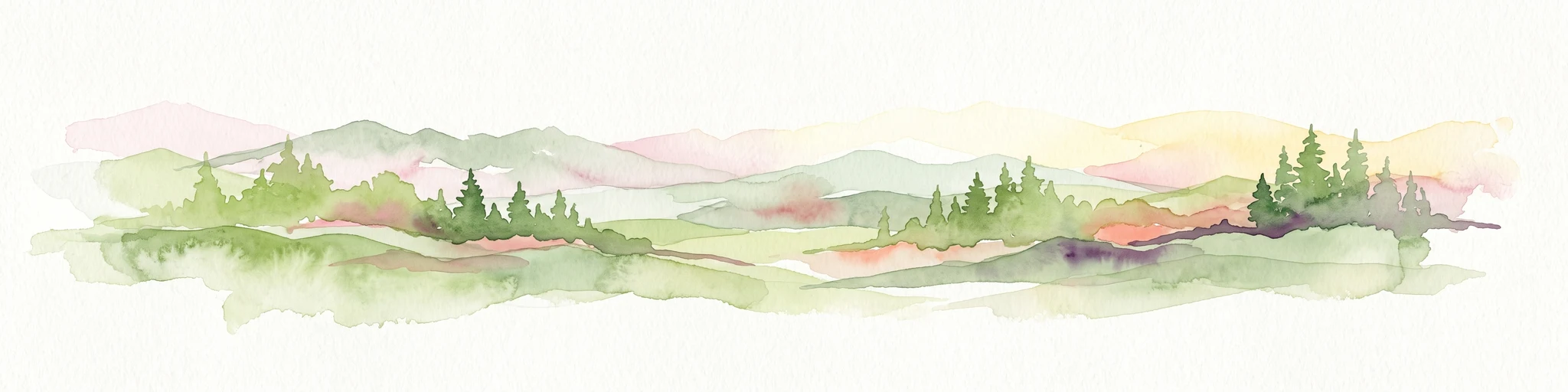 A watercolor illustration showing a soft, stylized landscape of rolling green hills, distant mountains, and coniferous trees against a white background.