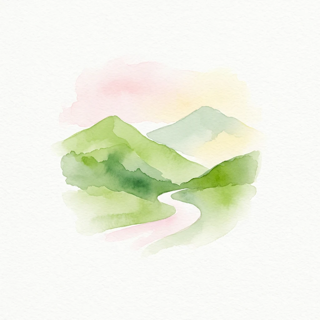 Watercolor painting showing green mountains, a winding river, and soft pink and yellow sky