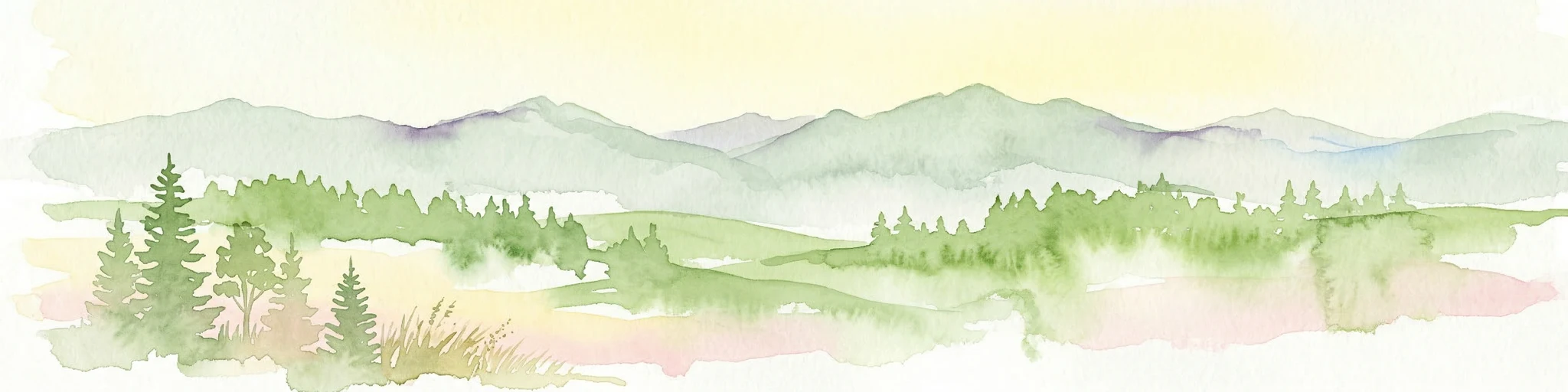 Ilustración en acuarela de un paisaje montañoso con bosques, un lago y picos distantes.