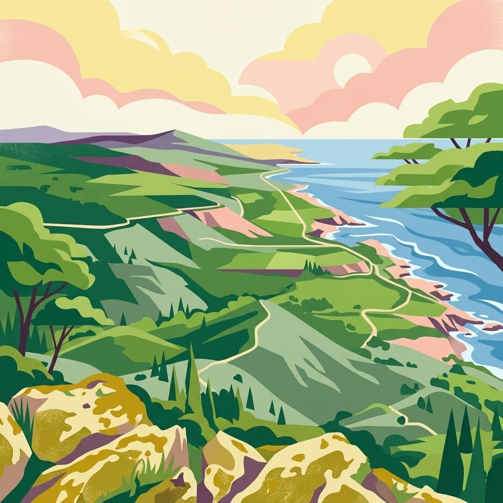 A stylized illustration of a hilly coastal landscape with rocky outcrops in the foreground, rolling green hills leading to the blue sea, and a sunset sky.