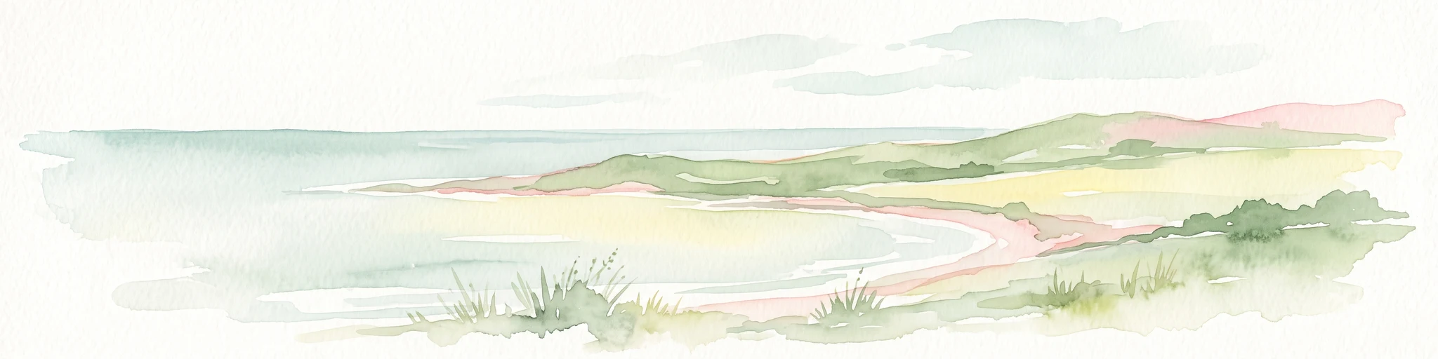 A soft watercolor painting of a curved sandy beach meeting the ocean, with green coastal hills and shrubs in the foreground.