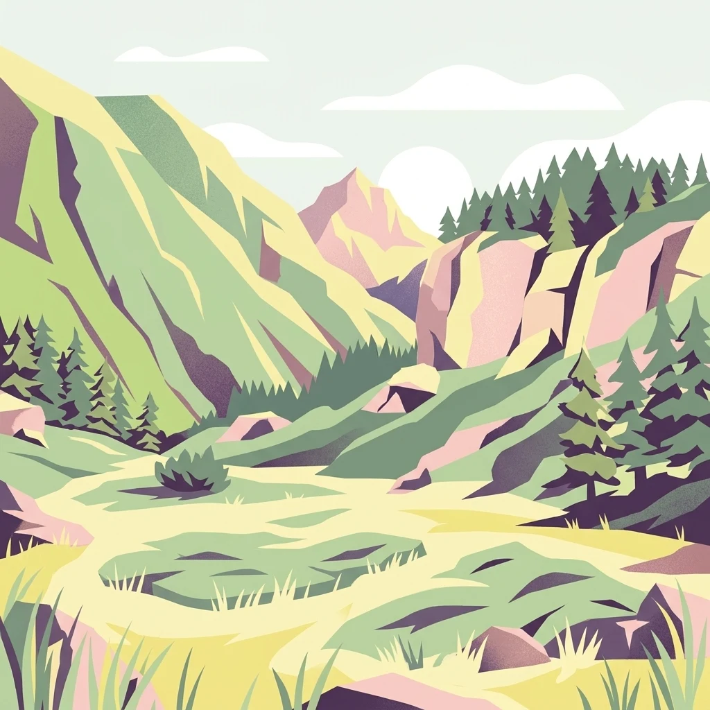 A stylized digital illustration of an alpine valley featuring jagged mountain peaks, evergreen forests, and a flat grassy fen.