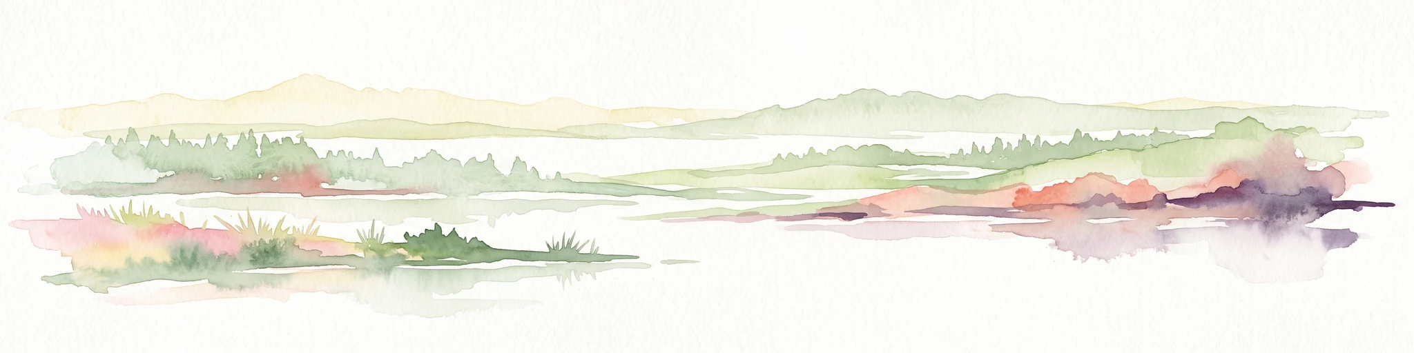 Una suave acuarela de un paisaje panorámico con una zona de marisma en primer plano y cadenas montañosas lejanas al fondo, representada en verdes pastel, morados y amarillos.