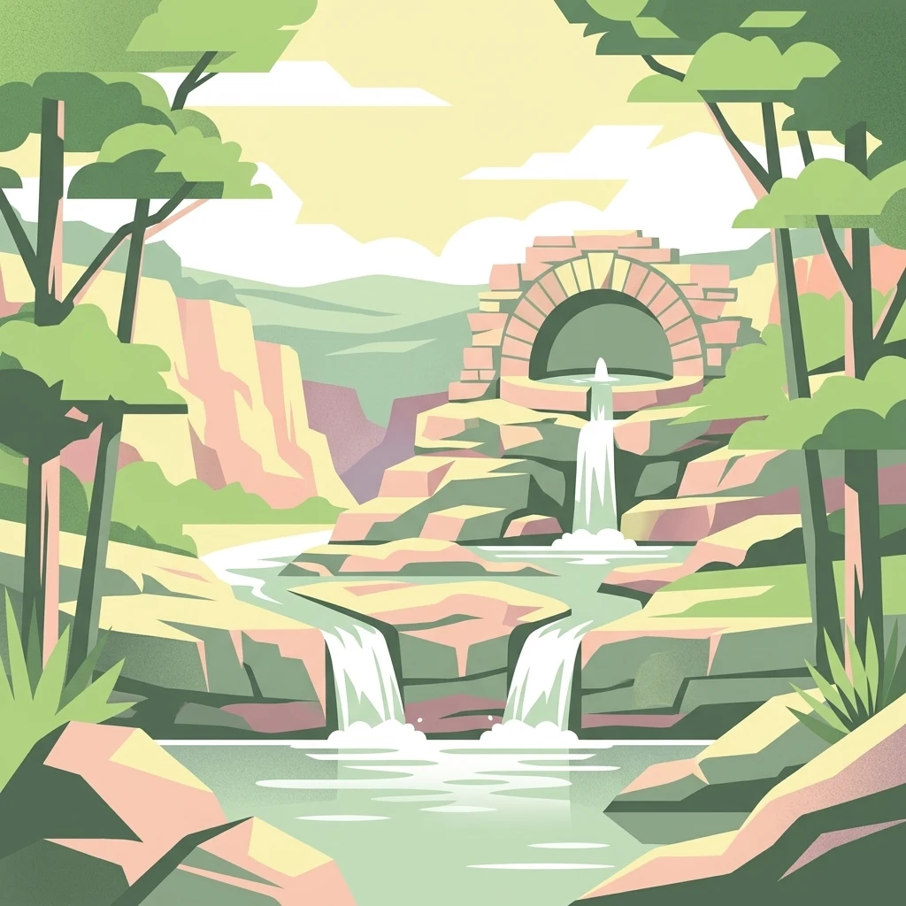A stylized digital illustration of a spring flowing from a stone arch structure into a tiered waterfall and pool, surrounded by trees and hilly terrain.
