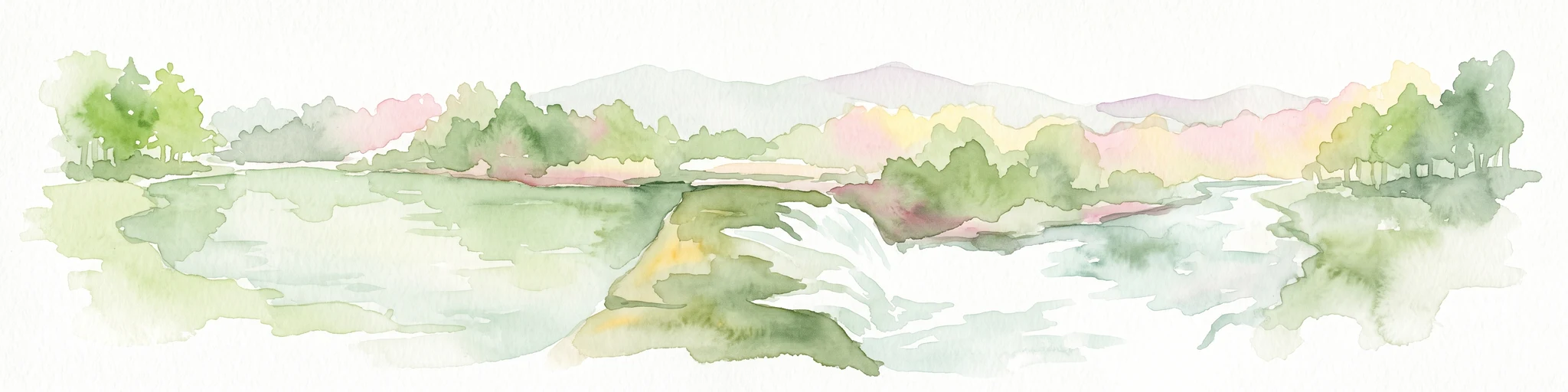 Watercolor painting of a flowing river with a small waterfall and forested banks against a soft, hilly background.
