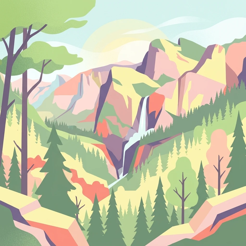 A flat vector-style illustration of a lush mountain valley featuring coniferous trees, rugged cliffs, and a small waterfall flowing into a stream, rendered in a warm, pastel color palette.