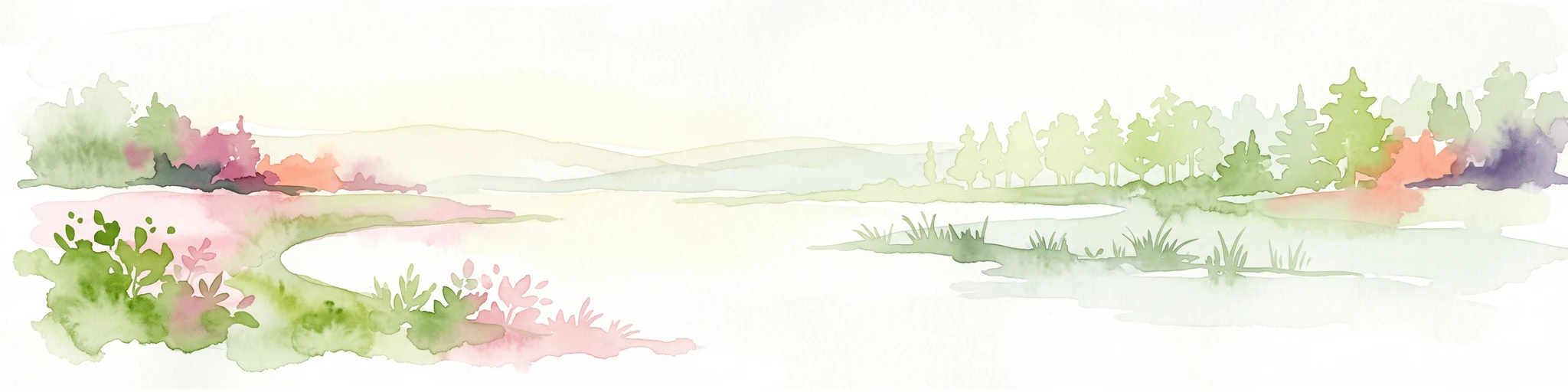 Watercolor painting of a tranquil scene featuring soft-hued trees, rolling hills, and a water's edge, characterized by a light and airy artistic style.