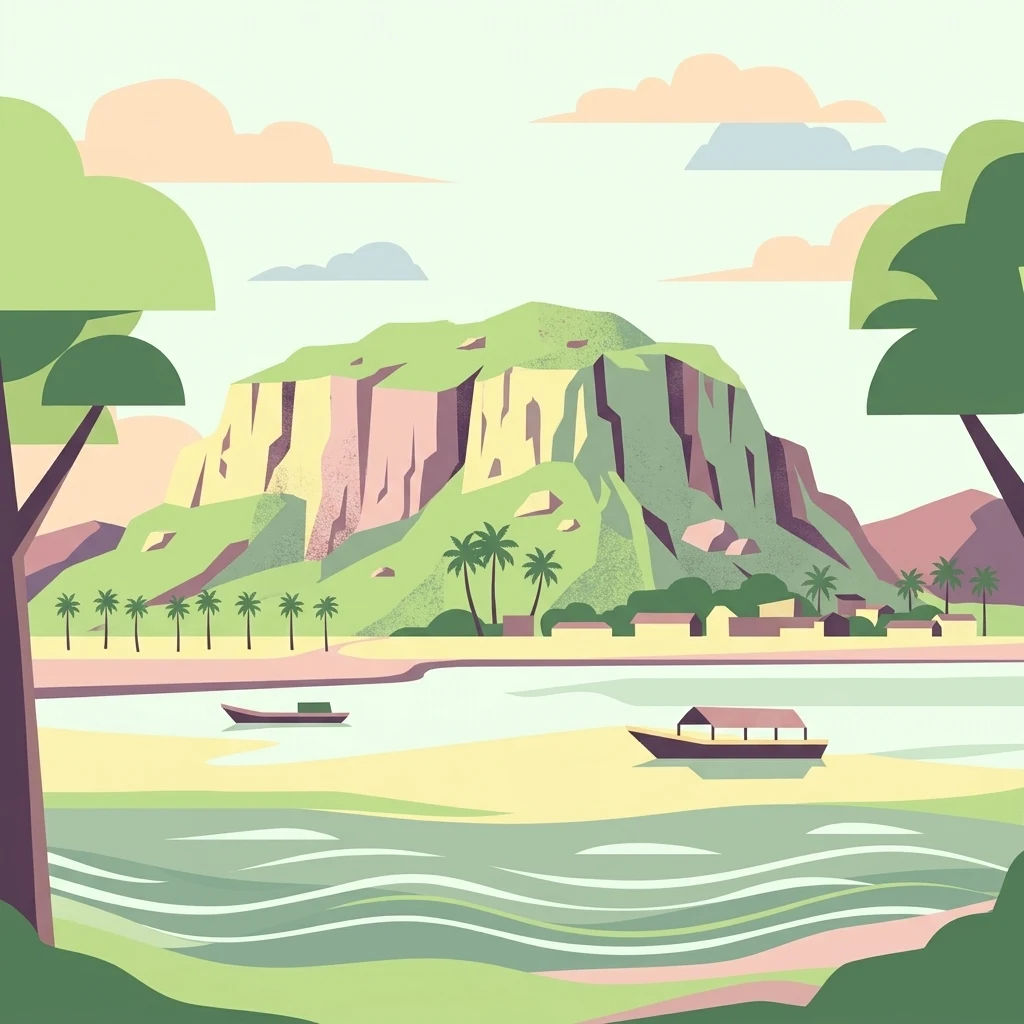 Una ilustración digital de estilo plano que muestra una masa de agua tranquila con dos pequeños botes de madera, una orilla arenosa, un pueblo y una gran colina verde y rocosa al fondo.