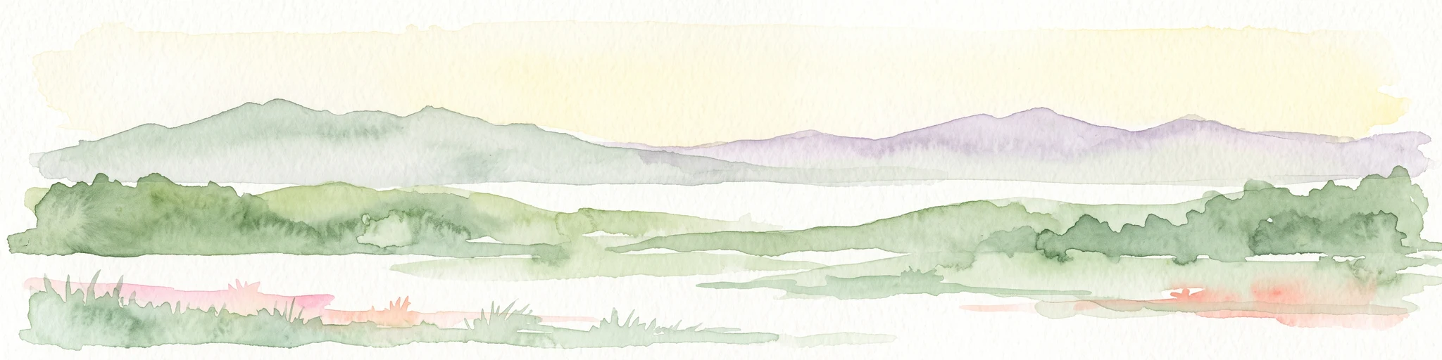 A horizontal watercolor painting showing a soft landscape with distant mountains, gentle green hills, and light water reflections.