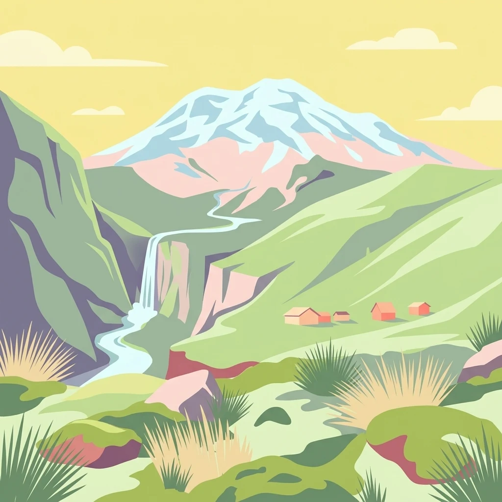 Una ilustración vectorial artística de un pico montañoso nevado que se eleva sobre laderas verdes, una cascada que fluye hacia un río y pequeñas cabañas en un valle.