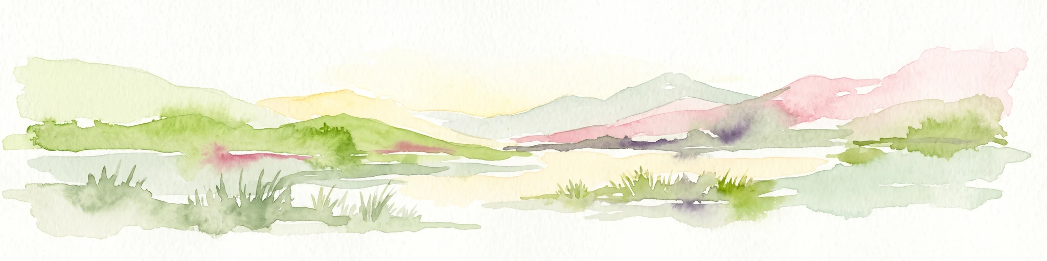 Una suave acuarela de un paisaje montañoso y cubierto de hierba, con montañas lejanas en verdes y rosas apagados.